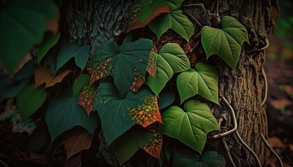 Plant that gives poison ivy rash in nature around tree trunk generative ai