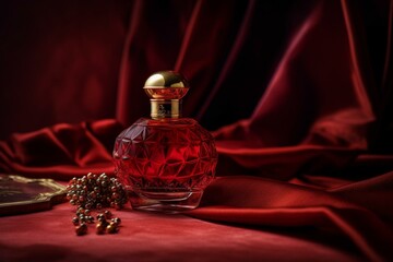 Obraz na płótnie Canvas Perfume bottle of scented cosmetics on red silk. Generative AI