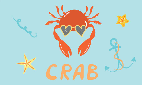 Funny crab in heart glasses with a painted name
