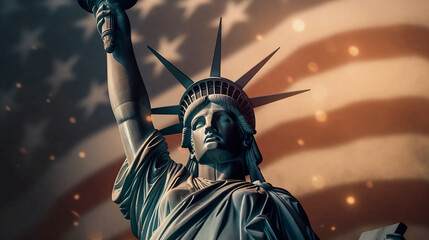 fondo patriotico con la bandera americana y la estatua de la libertad. concepto celebracion 4 de julio - obrazy, fototapety, plakaty
