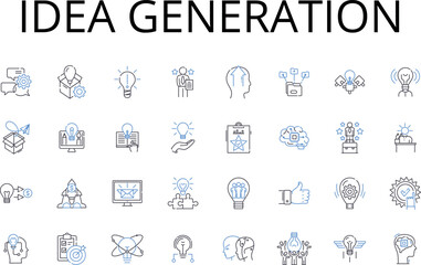 Idea generation line icons collection. Brainstorming session, Conceptualization creation, Innovation initiation, Originality inception, Perception formulation, Thought development, Generative AI