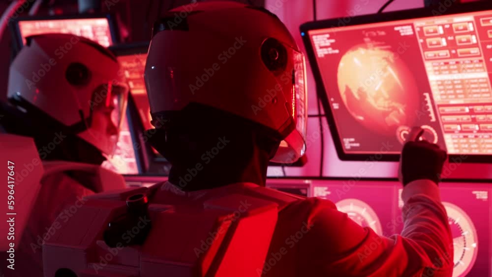 Wall mural team of astronauts in a space suits aboard the mars station. a crew of cosmonauts piloting the space