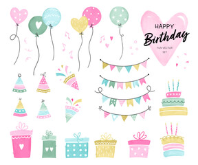 Set of hand drawn doodle birthday party design elements. Vector illustrations. Party decoration, balloons, gift box, cake with candles, confetti, party hats and decoration.