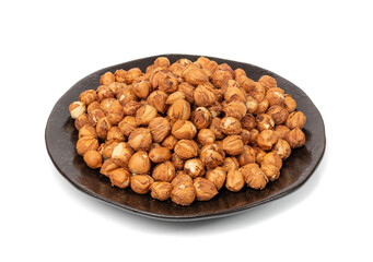 Nut Kernels, Hazelnuts Pile on Plate Isolated, Healthy Organic Nuts Group, Nut Kernels on White