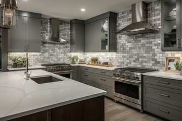 Contemporary gray kitchen with flat panel cabinets, white quartz counters, and gray tile backsplash in the Northwest USA. Generative AI