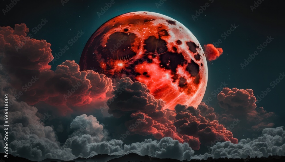 Wall mural blood moon or red moon in the night time sky with clouds concept generative ai