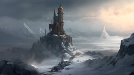 Obraz premium A lonely tower in a snowy mountain. Generative AI