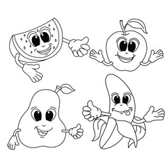 Funny fruit cartoon characters vector illustration. For kids coloring book.