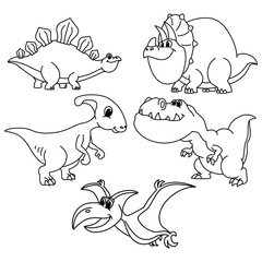 Funny dinosaurs cartoon characters vector illustration. For kids coloring book.