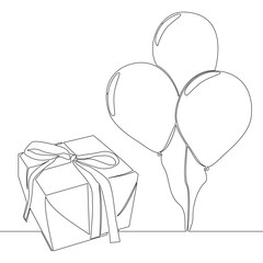 Continuous line drawing birthday celebration gift box and balloons icon vector illustration concept