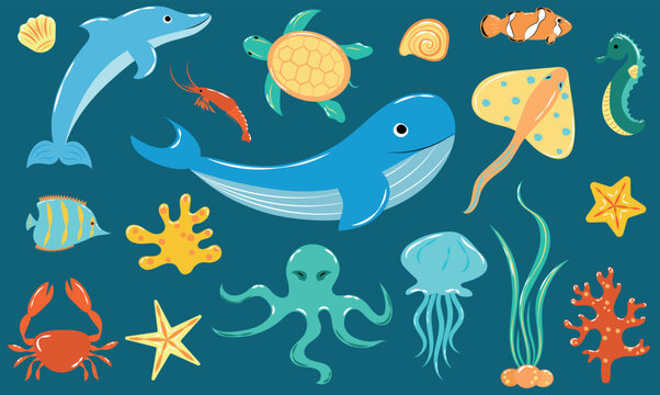 A large set of marine animals with shells and corals