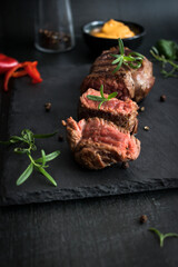 Grilled beef steak with balsamic and rosemary on a stone table. On a black background