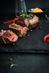 Grilled beef steak with balsamic and rosemary on a stone table. On a black background