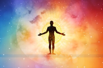 Naklejka premium Wallpaper Illustration and background of people getting energized, chakra. Front View. Concept of energy, chakra. Generative AI.