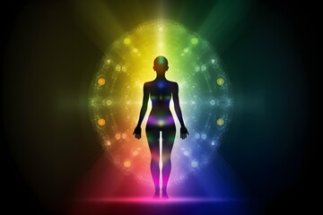 Obraz premium Wallpaper Illustration and background of people getting energized, chakra. Front View. Concept of energy, chakra. Generative AI.