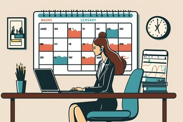 A businesswoman who specializes in event planning is busy organizing and scheduling an upcoming event. She is seated at her office desk, where she has her laptop and calendar at hand.