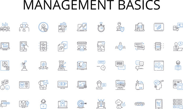 Management basics line icons collection. Empowerment, Guidance, Leadership, Development, Support, Nurture, Progress vector and linear illustration. Growth,Coach,Experts outline signs set Generative AI