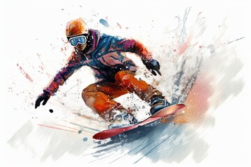 Fototapeta na wymiar Illustration painting of a snowboarding on white background. Snowboard. Winter sport concept. Generative AI Technology