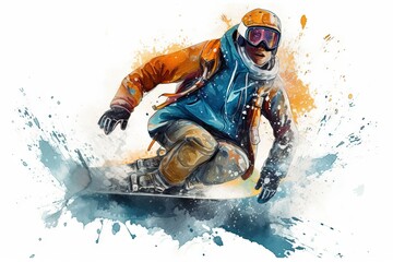 Illustration painting of a snowboarding on white background. Snowboard. Winter sport concept. Generative AI Technology