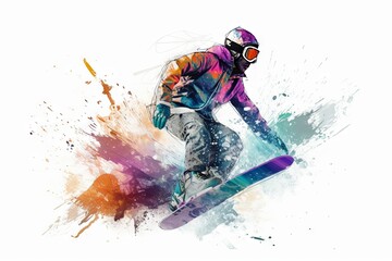 Fototapeta na wymiar Illustration painting of a snowboarding on white background. Snowboard. Winter sport concept. Generative AI Technology