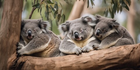 A family of koalas sleeping in the branches of a eucalyptus tree, concept of climbing behavior, created with Generative AI technology