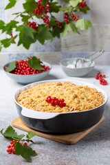 Homemade cake with berries on gray background. Yogurt pie with fresh red currant.