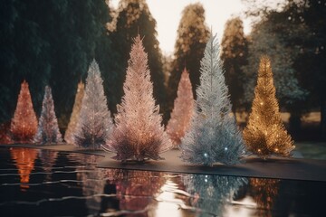 Assortment of transparent 3D Christmas trees for architectural or garden design visualization. Generative AI