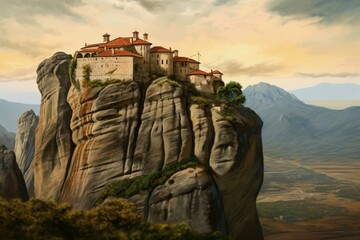 Illustration of a monastery on a rock in Greece's Meteora painted using oil, imitating a picture. Generative AI - obrazy, fototapety, plakaty