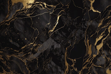 Black and gold marble abstract background. Decorative acrylic paint pouring rock marble texture. Horizontal Black and gold wavy abstract pattern, created with Generative AI - obrazy, fototapety, plakaty