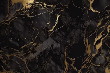 Papier Peint photo Lavable Marbre Black and gold marble abstract background. Decorative acrylic paint pouring rock marble texture. Horizontal Black and gold wavy abstract pattern, created with Generative AI