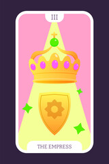 The Empress tarot cartoon flat card template major arcana. Taro vector illustration spiritual signs with esoteric magic and astrology symbols. Isolated colored graphic. Witchcraft concept EPS