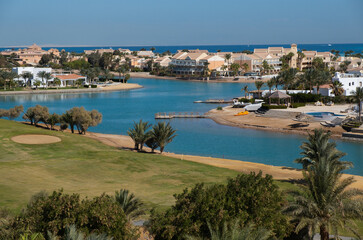 Obraz premium Beautiful landscape shots of El Gouna from the top of El Gouna Tower, Red Sea, Egypt, Africa
