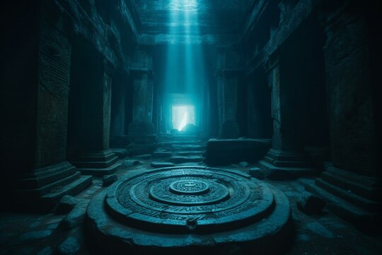 Mystical Portal Radiating Blue Light Amidst Ancient Ruins And Ritual Location. Generative AI