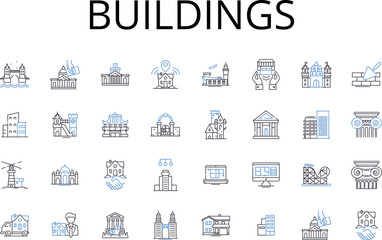 Buildings line icons collection. Houses, Towers, Structures, Edifices, Skyscrapers, Residences, Apartments vector and linear illustration. Constructions,Mansions,Villas outline signs set Generative AI