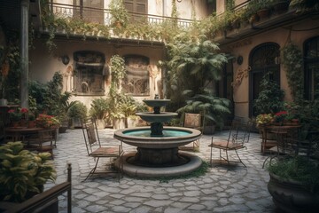 Fototapeta na wymiar A courtyard painting with a fountain, chairs, table, potted plant, and water feature in center. Generative AI