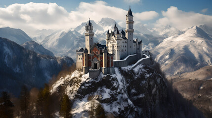 A medieval castle in a cold and snowy mountain. Generative AI
 - obrazy, fototapety, plakaty