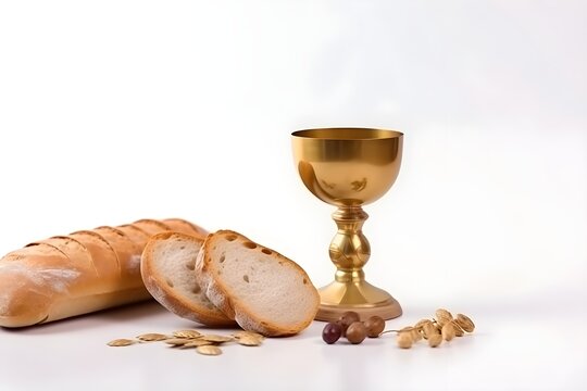 Wallpaper Illustration and background of wine and bread, holy eucharist. Front View. Concept of Corpus Christi Celebration, Catholicism. Generative AI.