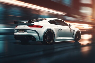 Plakat A white sports car in motion, rendered in 3D. Generative AI