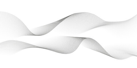 Abstract flowing dots particles wave pattern. Halftone gradient curve shape isolated on white background. Modern vector banner in concept of AI, technology, science, music festival.