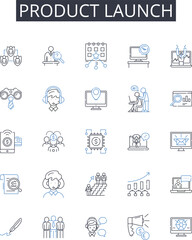 Product launch line icons collection. Campaign kickoff, Event launch, Book release, Movie premiere, Fashion debut, Album drop, Exhibit unveiling vector and linear illustration. Service Generative AI