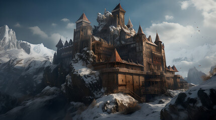 A beautiful medieval castle on top of a snowy mountain. AI generative.