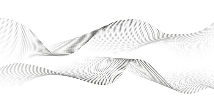 Abstract flowing dots particles wave pattern. Halftone gradient curve shape isolated on white background. Modern vector banner in concept of AI, technology, science, music festival.