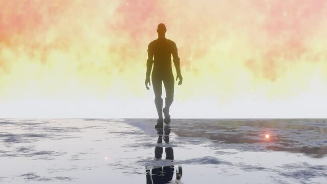 Super hero, or firefighter, fireman, slowly walks coming toward you from a sea of ​​blazing fire.