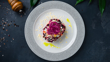 Salad herring under fur coat with boiled vegetables.
