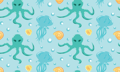 Naklejka na ściany i meble Beautiful seamless pattern with octopus and jellyfish