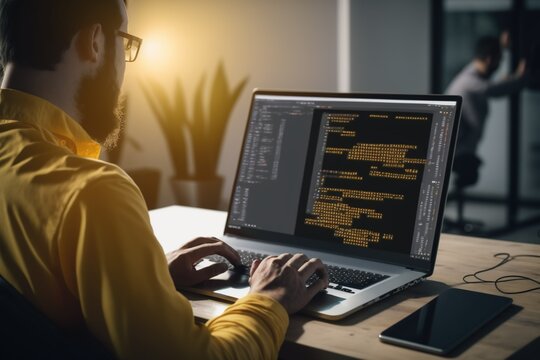 Software development, developing programmer coding javascript on laptop computer and using mobile phone for mobile apps design in software company office, digital technology