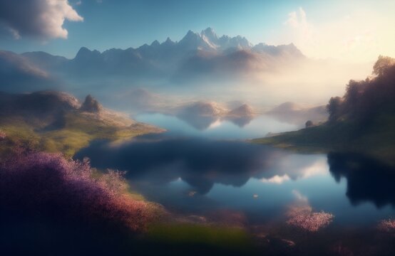 Scenic Delight: Stunning Illustration of a Mountain Range and a Lake (Generative AI)