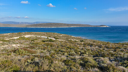 Fototapeta na wymiar scenic view of Yumru Koyu Bay and Bozolan Burnu Cape at Alacati (Izmir province, Turkey)