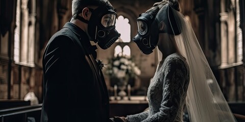 a couple wearing  gas mask gothic wedding in an abandoned church background,generative ai. - obrazy, fototapety, plakaty