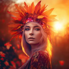 Fototapeta premium portrait of a woman in autumn sun wearing wreath, crown from feathers and leaves. Generative AI image.